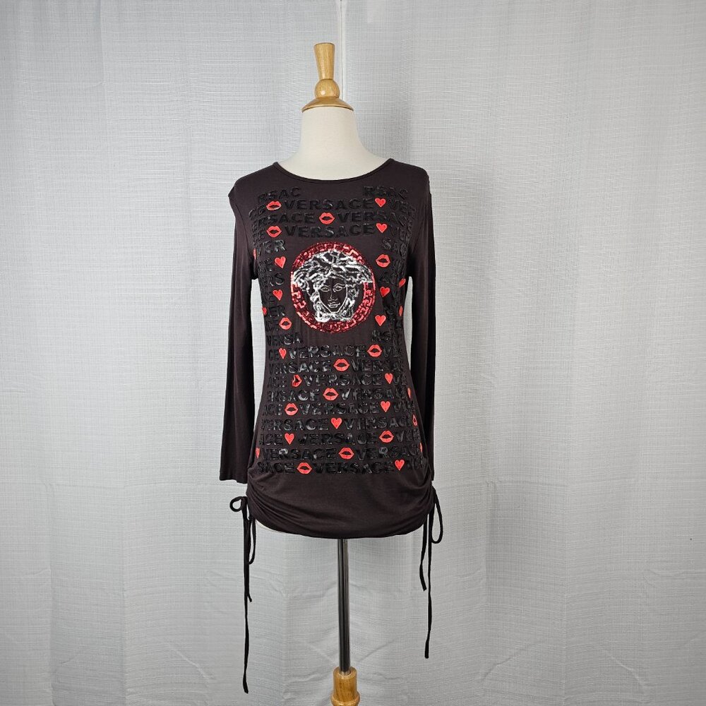 Versace Sequin Long Sleeve Ruched Side-Tie Top - Picture 2 of 10
